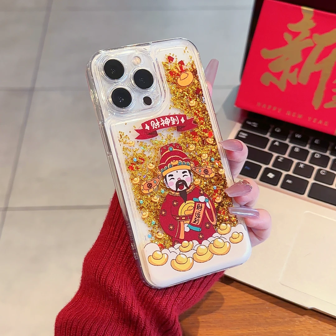 财神到全包不发黄透明保护壳适用苹果vivo华为oppo金流沙手机壳