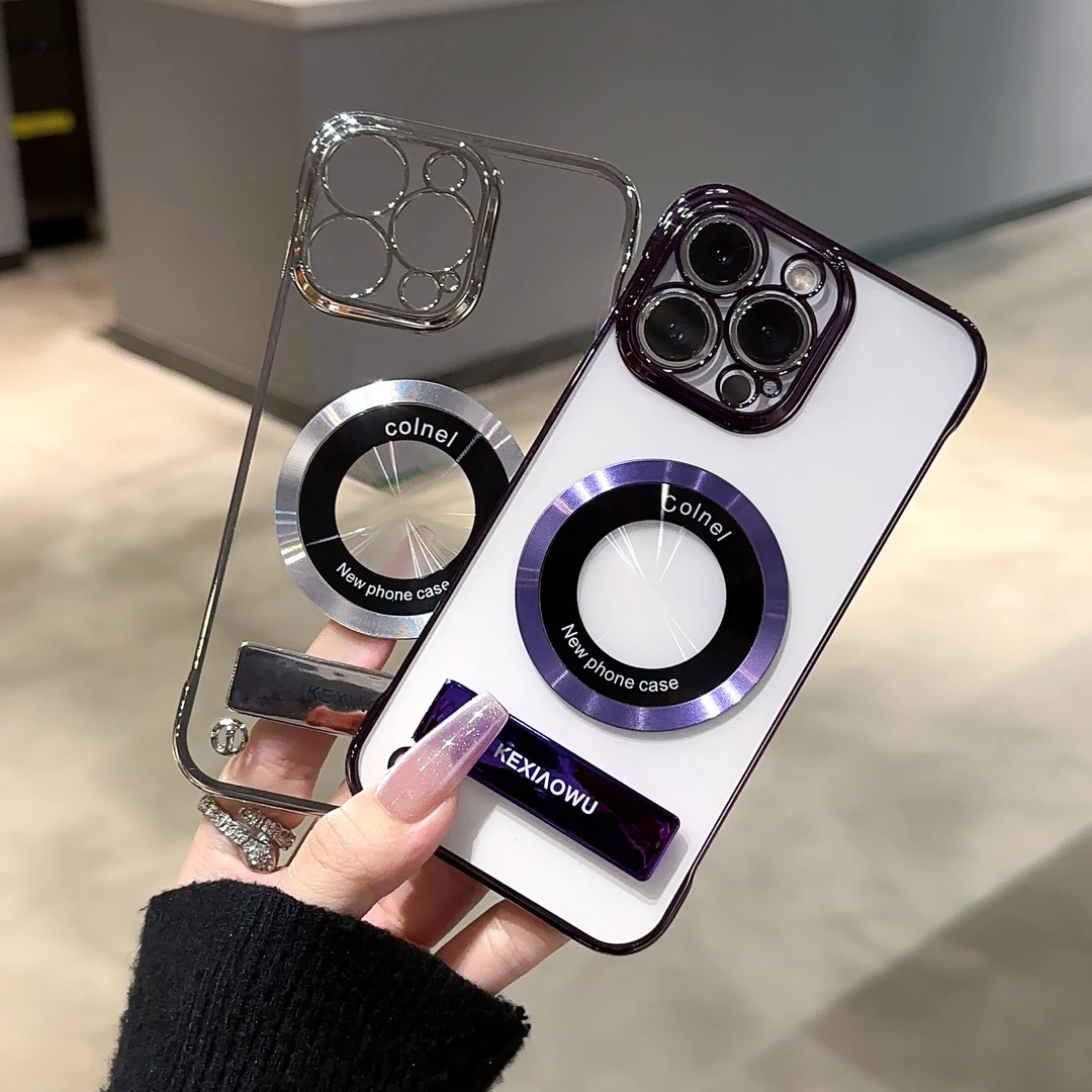 超薄透冰不发黄电镀无边框支架手机壳适用苹果/华为/透明多功能16