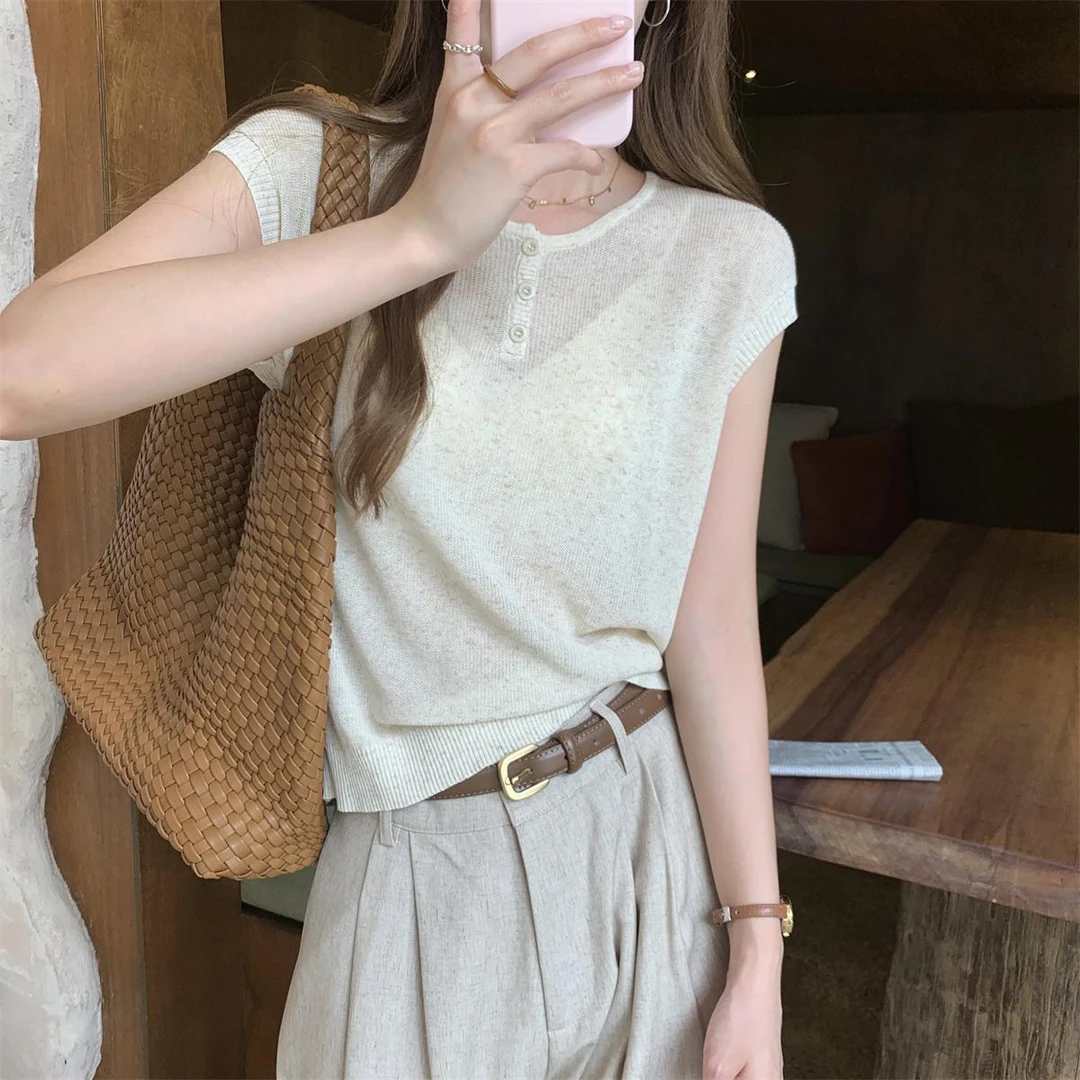 2024年夏季韩版新款气质条纹纽扣百搭天爽亚麻针织落肩短袖上衣女