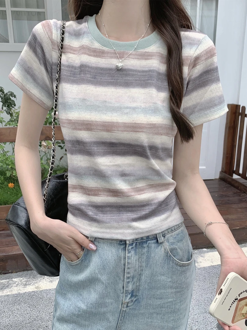 渐变条纹正肩短袖t恤女夏季2024设计感小众半袖修身显瘦百搭上衣