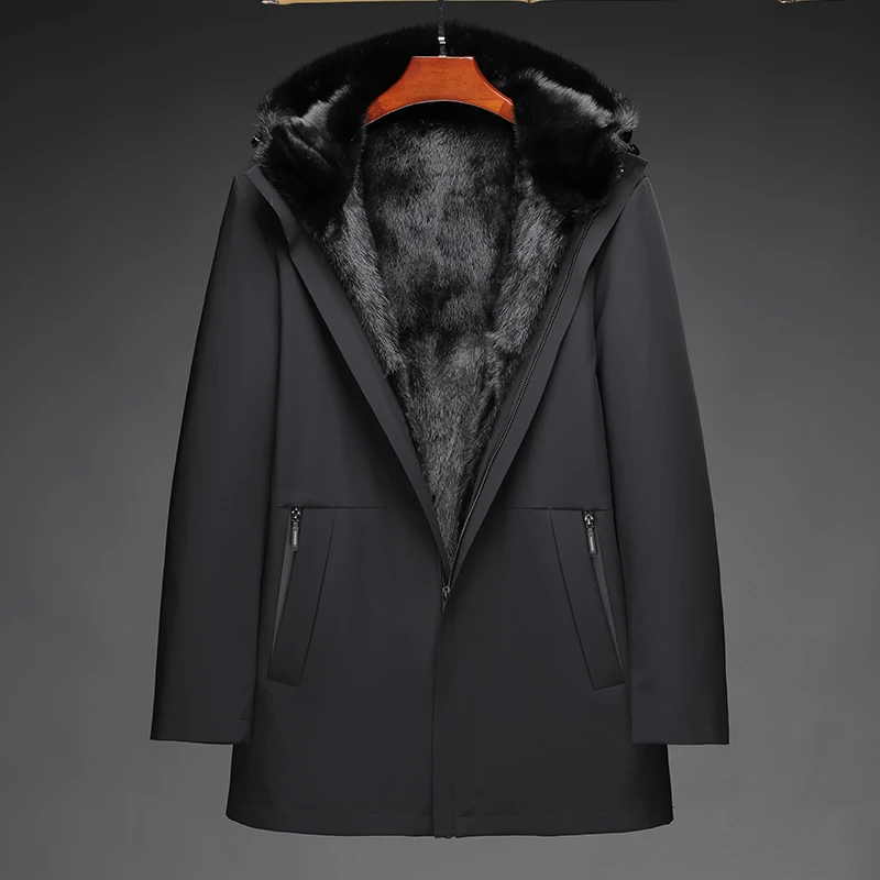 连帽整皮水貂派克服男中长款水貂外套冬季保暖可拆卸貂大衣