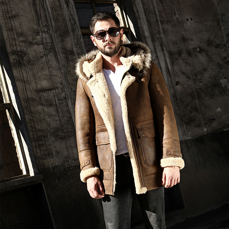 连帽长款原生态皮毛一体男真皮真毛皮草外套复古棕厚冬季大衣