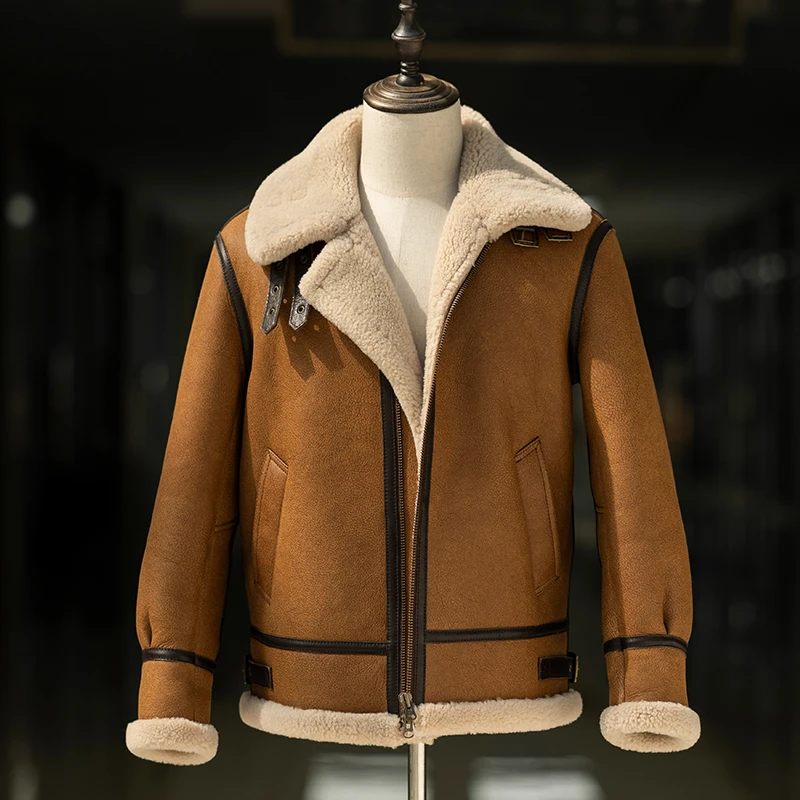 品质原生态羊皮毛一体男冬季厚皮草外套休闲时尚B3复古夹克真皮毛