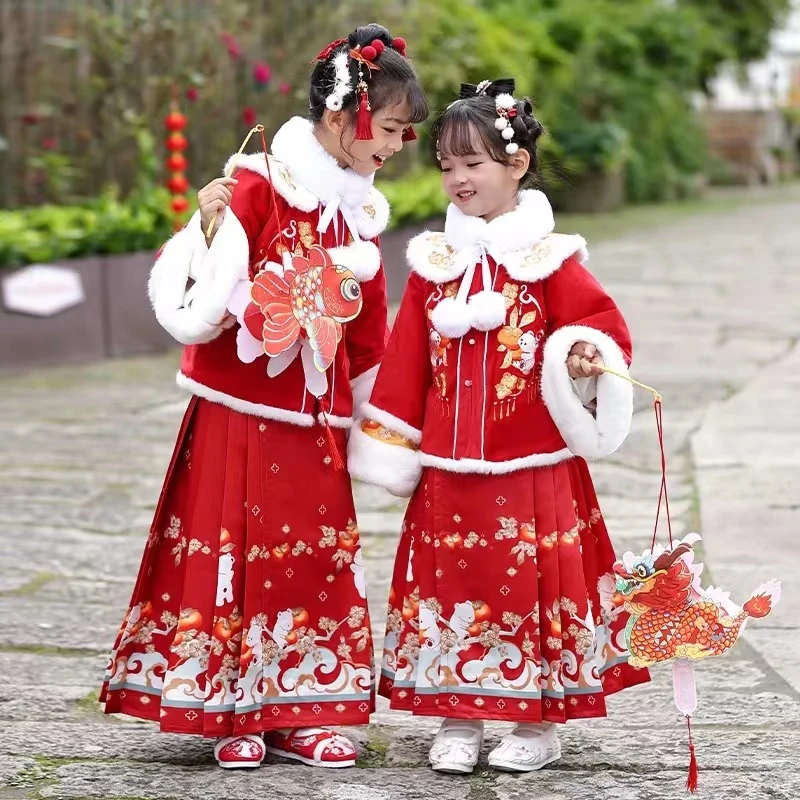 汉服女童冬季中国风古装儿童拜年服女孩加厚过年冬装喜庆新年唐装
