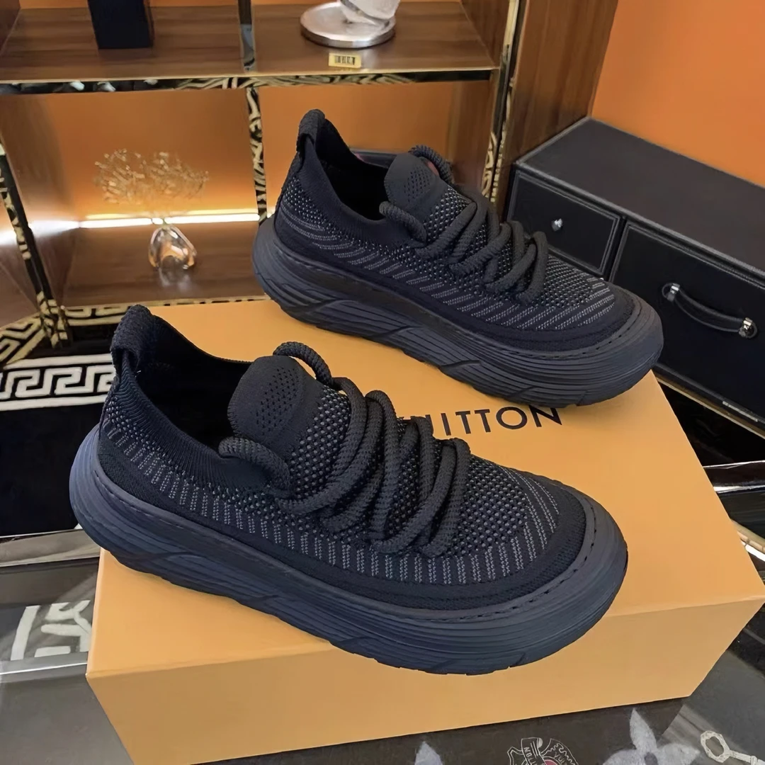 2024新款男士时尚百搭透气厚底黑色潮鞋黑武士飞织男鞋简约袜子