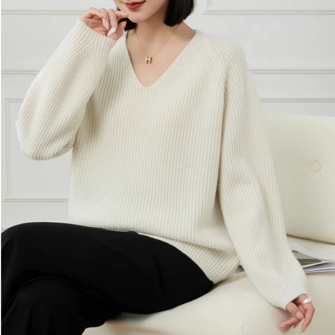 【极简】加厚V领宽松女装针织打底衫慵懒风加厚24002