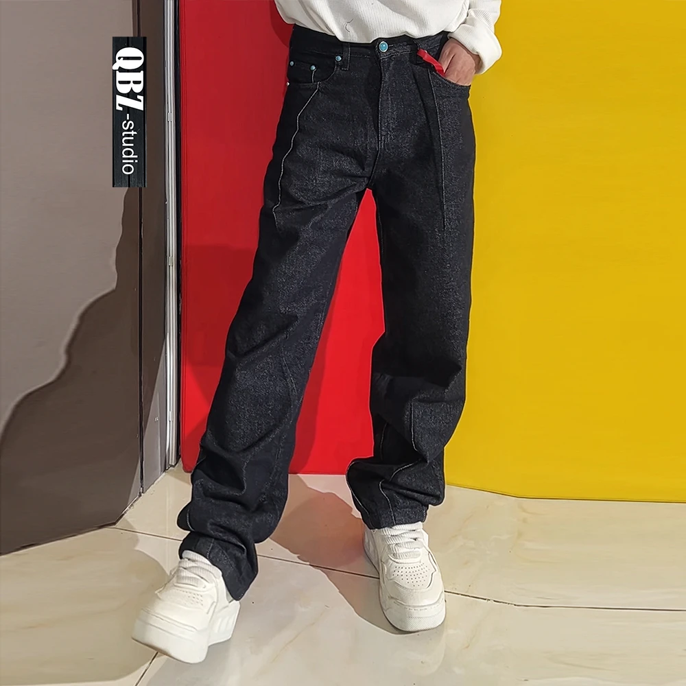 QBZ春秋潮牌设计深蓝色弯刀裤宽松直筒牛仔裤男美式休闲高街长裤