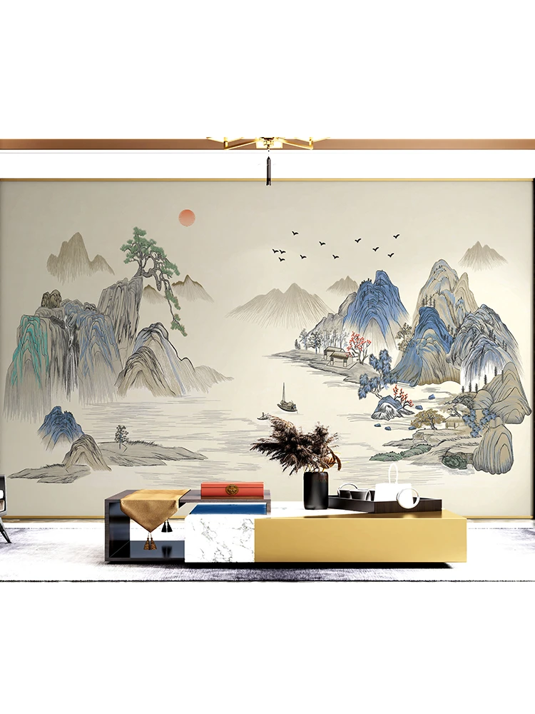中正-溪山隐秀壁画刺绣墙布背景客厅背景电视背景沙发背景新中式