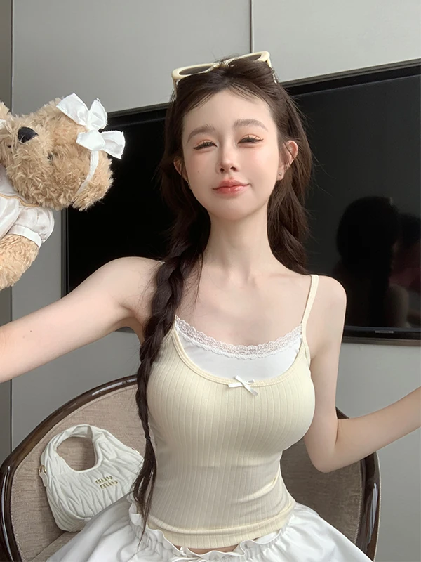 纯欲假两件蕾丝吊带背心女夏季性感甜辣妹带胸垫修身内搭短款上衣