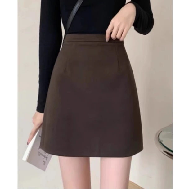 2024秋冬加厚高腰A字毛呢短裙防走光包臀一步裙