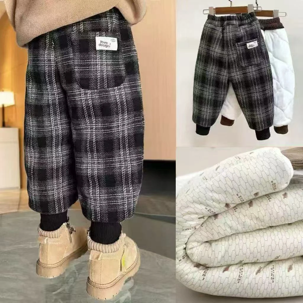 格子裤加绒加厚三层夹棉裤子男童儿童一条过冬女童冬季男宝宝小童