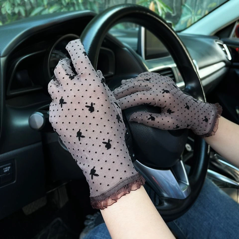 蕾丝防晒手套女防紫外线春夏薄款透气弹力网眼短款骑行开车防滑新