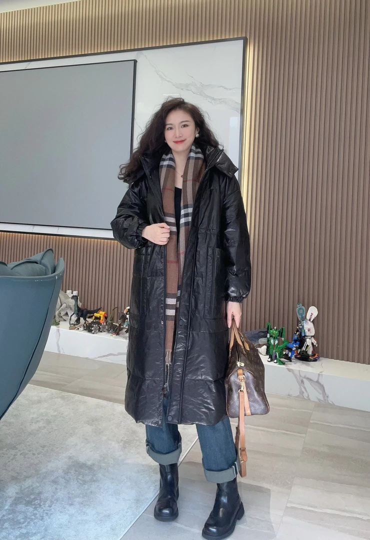 网红黑色宽松气质百搭休闲款白鹅绒长款纯色通勤外套-851