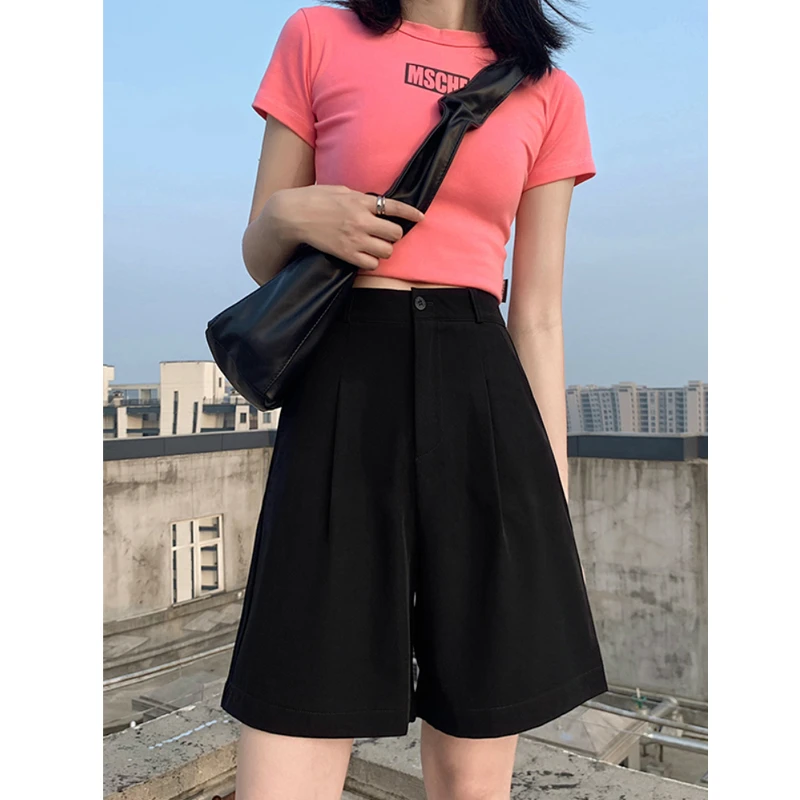 ebenb百搭高腰显瘦宽松五分休闲a字裤阔腿黑色西装高腰女夏季薄款