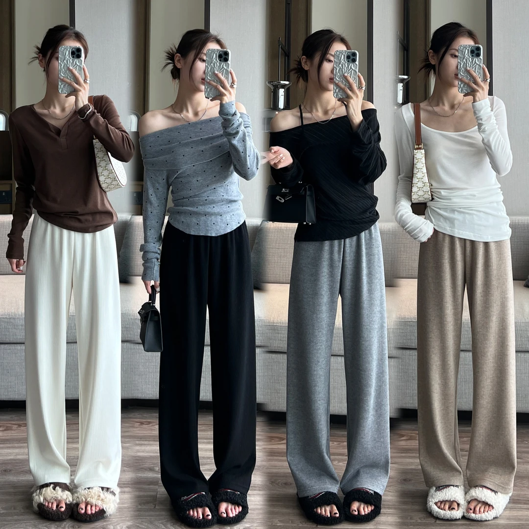 ebenb【六色咩咩绒坑条裤】窄版直筒裤2025新款针织垂感秋冬拖地裤