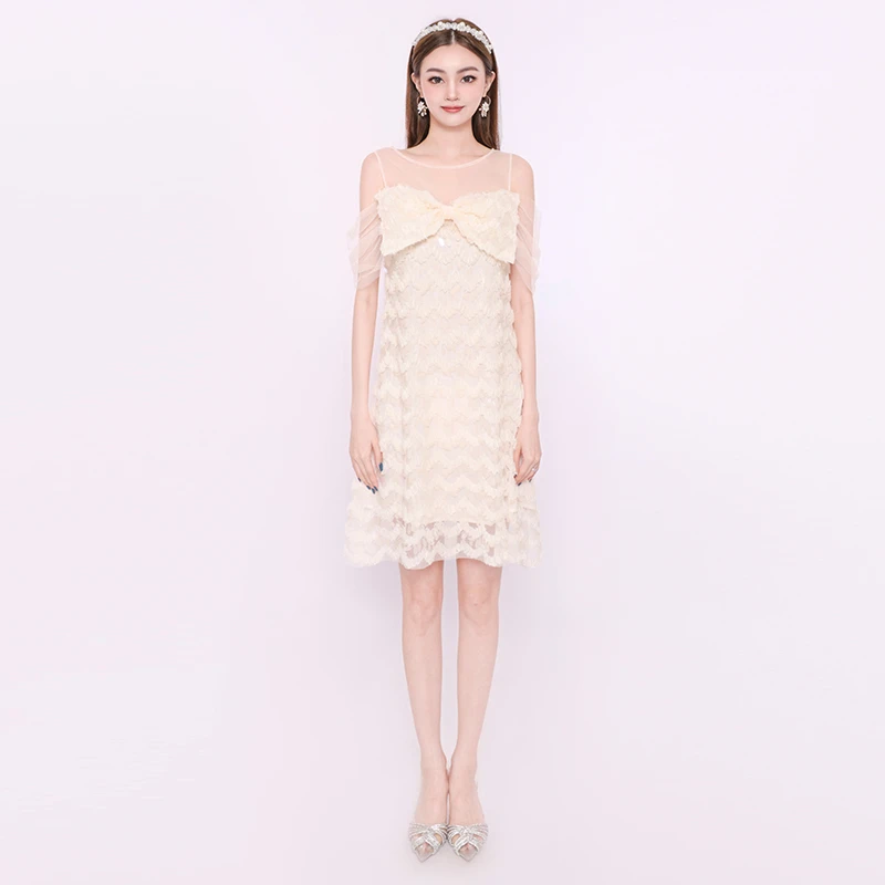 SUSAN LAZAR波浪亮片蝴蝶结A摆连衣裙