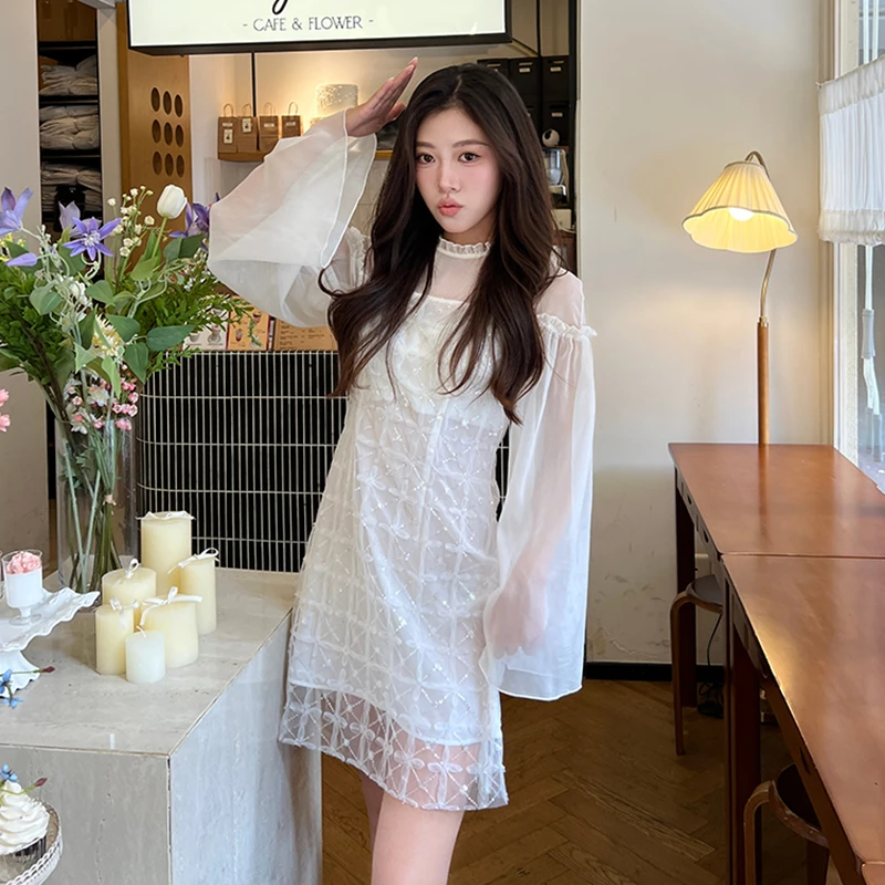 SUSAN LAZAR菱格亮片雾纱拼接连衣裙