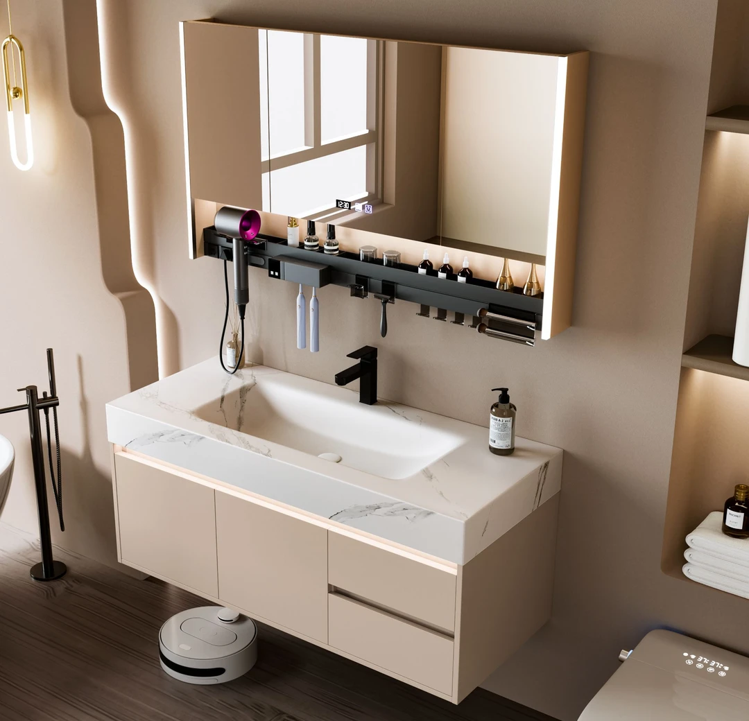 【一体成型】热弯岩板一体盆浴室柜奶茶灰卫生间洗手盆洗漱台卫浴柜