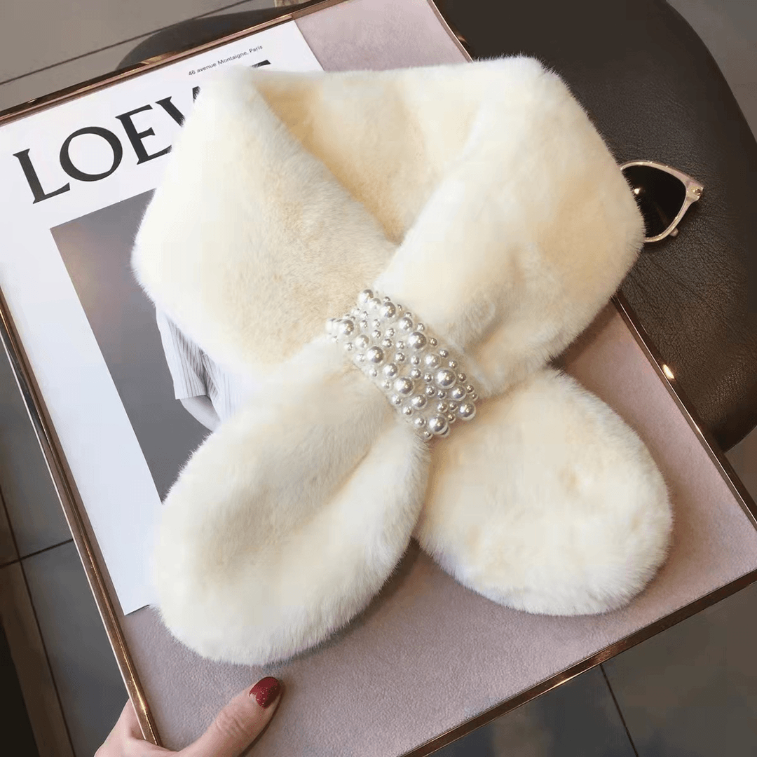 珍珠时尚毛领围脖冬季保暖毛绒珍珠扣围巾交叉围脖百搭款时尚冬款