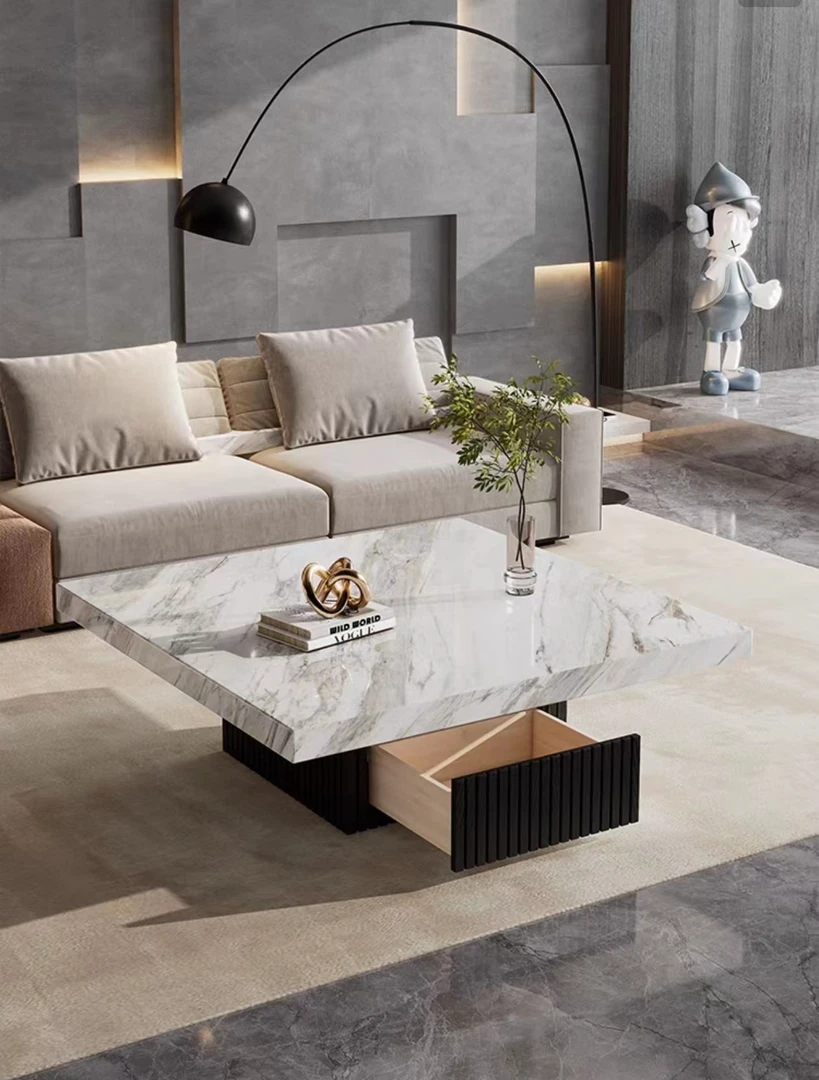意式法式简约轻奢大理石长方形茶几高端现代家用复古中古带抽屉
