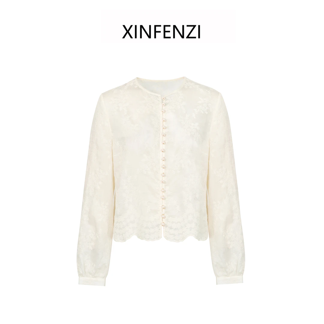 【月光手书】XINFENZI 圆领波浪边蕾丝刺绣上衣 FS33454