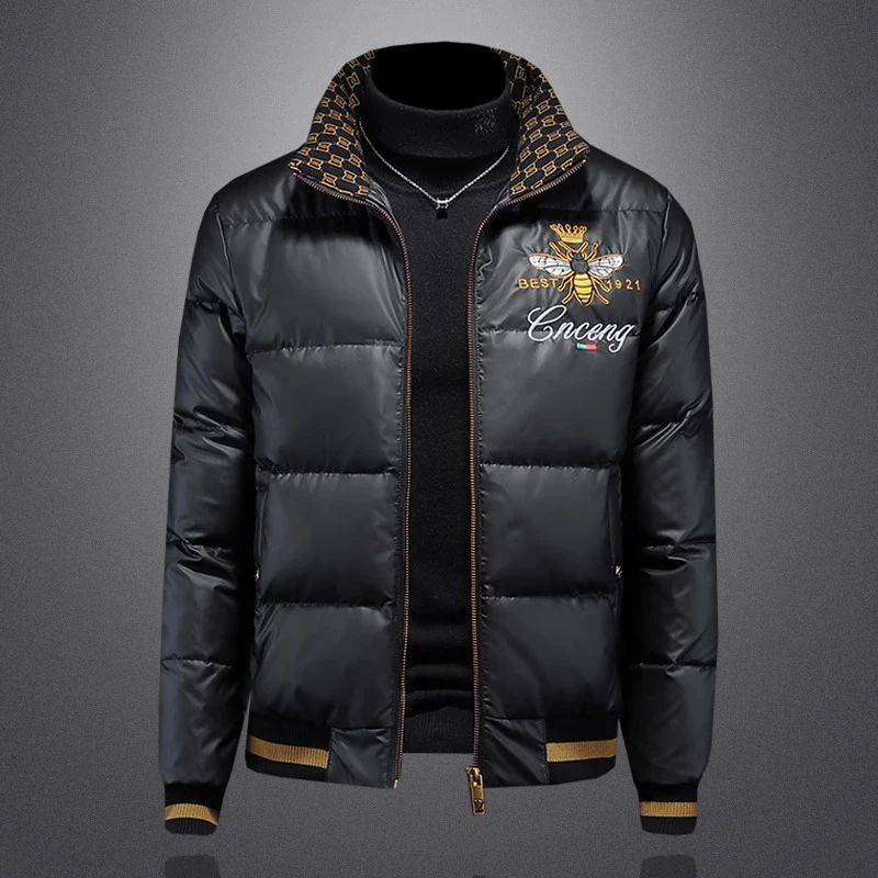 刺绣羽绒服男大码亮面外套加厚潮流2025冬季新款时尚轻薄白鸭绒潮