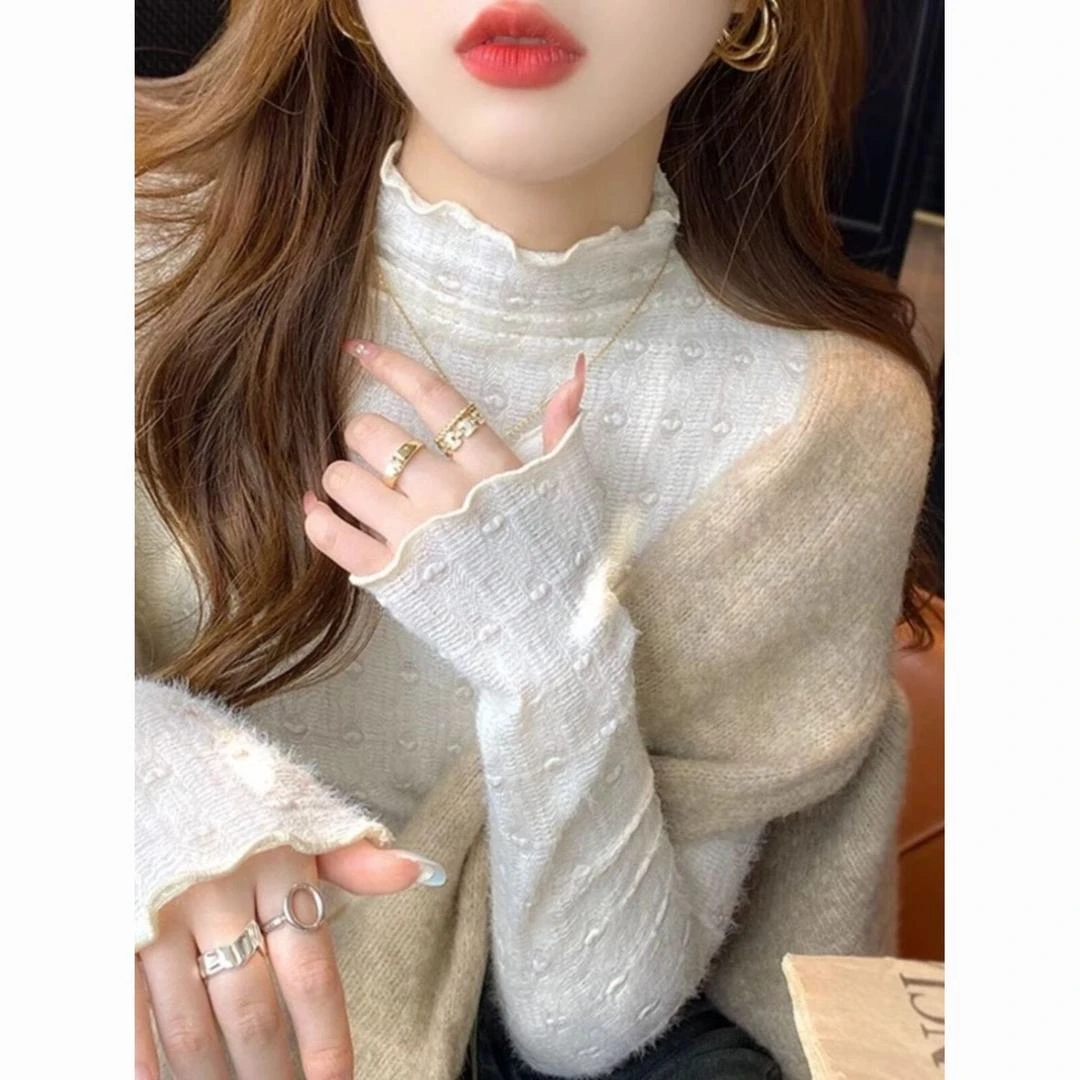 加绒蕾丝打底衫女秋冬2023新款半高领内搭高级感小个子木耳边小衫