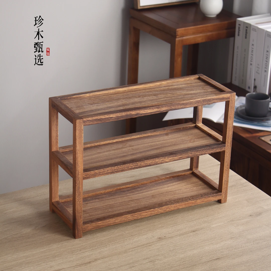 南美胡桃木三层置物架茶杯茶壶架子茶具收纳架展示架小型茶架