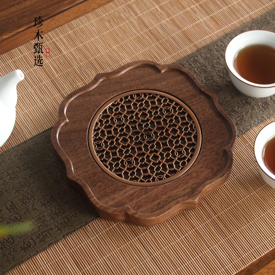 北美黑胡桃花瓣壶承整木实木茶杯垫壶垫 规格：14*14*2