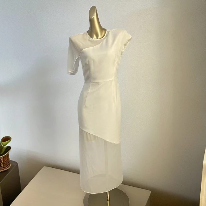 【旺角名品购A0054】白色法式简约拼接微透设计感中长款短袖连衣裙