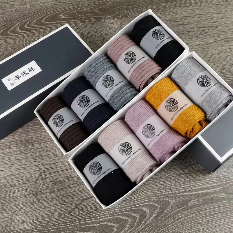 羊毛袜子男女秋冬季纯色保暖精仿一体成型中筒羊毛袜一盒五双