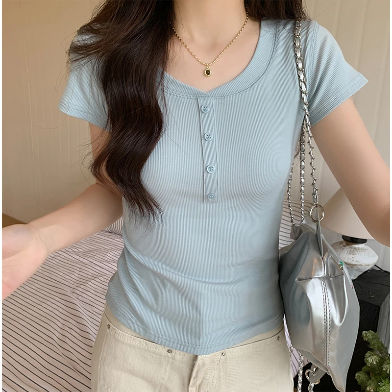 【小个子定制】正肩短袖t恤女春夏新款修身打底螺纹短上衣圆领显瘦