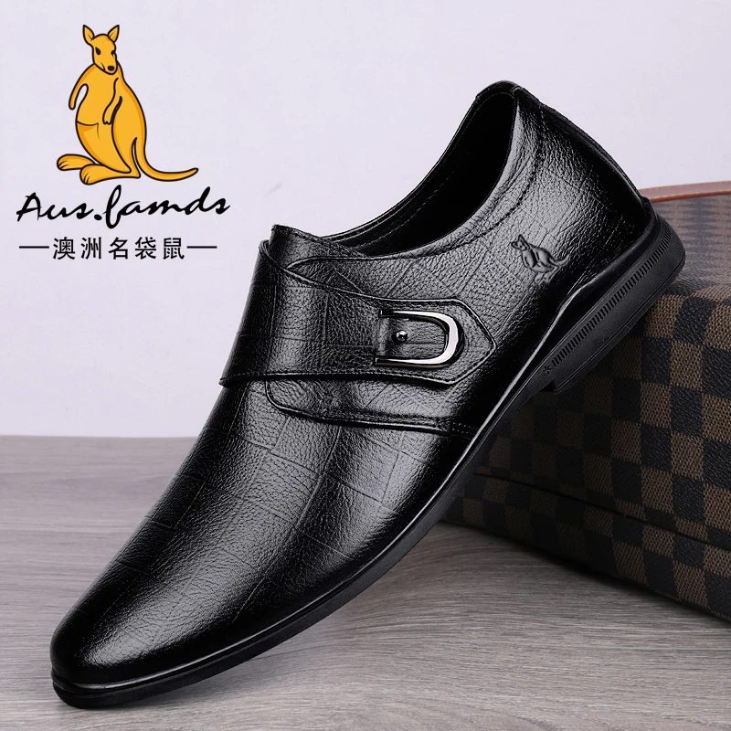 AUSFAMDS/澳洲名袋鼠真皮男士商务休闲皮鞋男春季透气软皮低帮鞋
