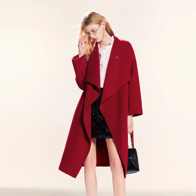 可可尼cocoon红色毛呢外套女新款羊毛呢子大衣长款小个子女装