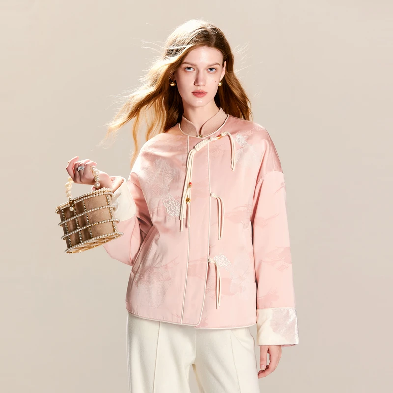 可可尼COCOON新中式鹅绒羽绒服冬季新款小个子粉色提花外套