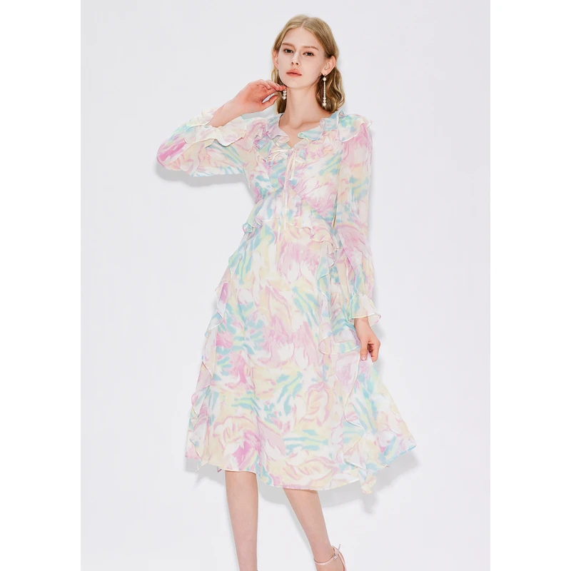 可可尼COCOON长裙2024秋季新款法式长袖浪漫碎花荷叶边度假连衣裙