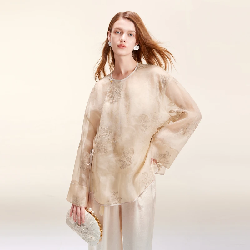 可可尼COCOON春夏新款100%桑蚕丝独特新中式外套女国风薄上衣