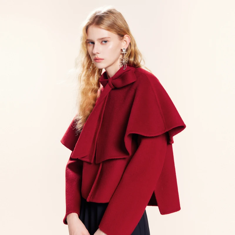 可可尼cocoon红色外套女羊毛斗篷大衣2024春冬新款小个子毛呢外套
