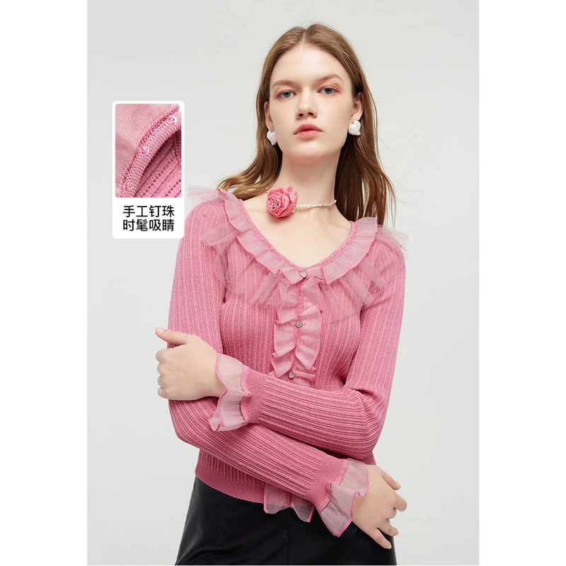 miss COCOON【薄荷曼波摩登浪漫】春新手工钉珠荷叶边毛针织衫