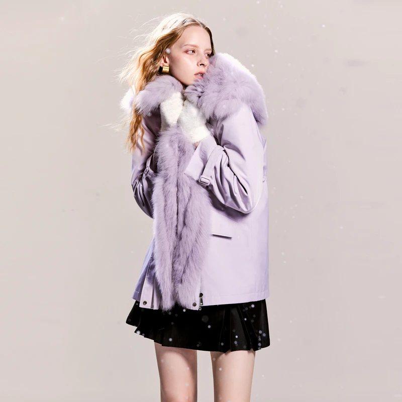 可可尼cocoon今年流行收腰棉服女式冬季新款狐狸毛领紫色外套