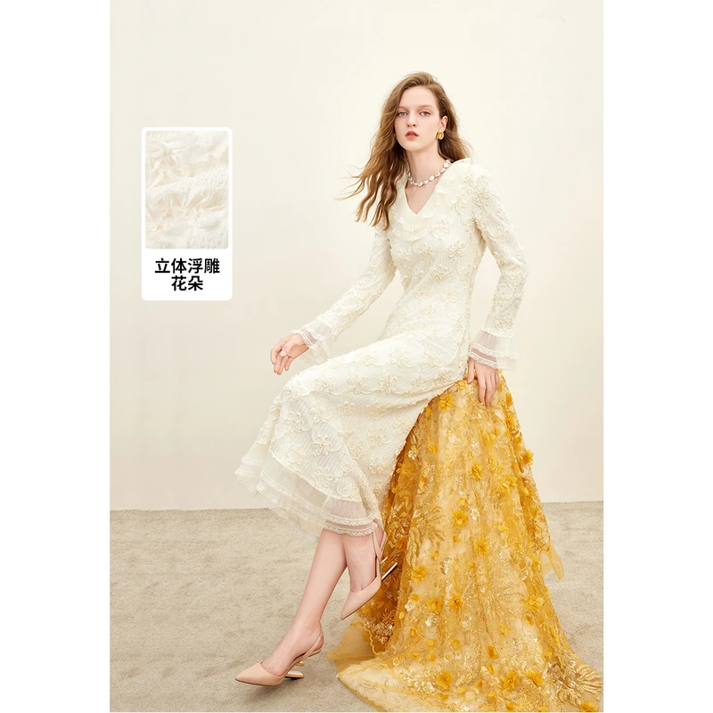 可可尼COCOON法式蕾丝礼服裙新款春季长袖收腰荷叶边肌理连衣裙女