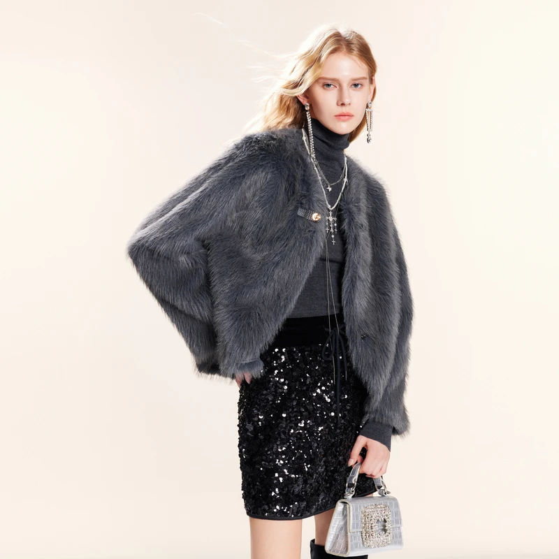 可可尼cocoon女款新款冬季长毛防风保暖斗篷大衣女