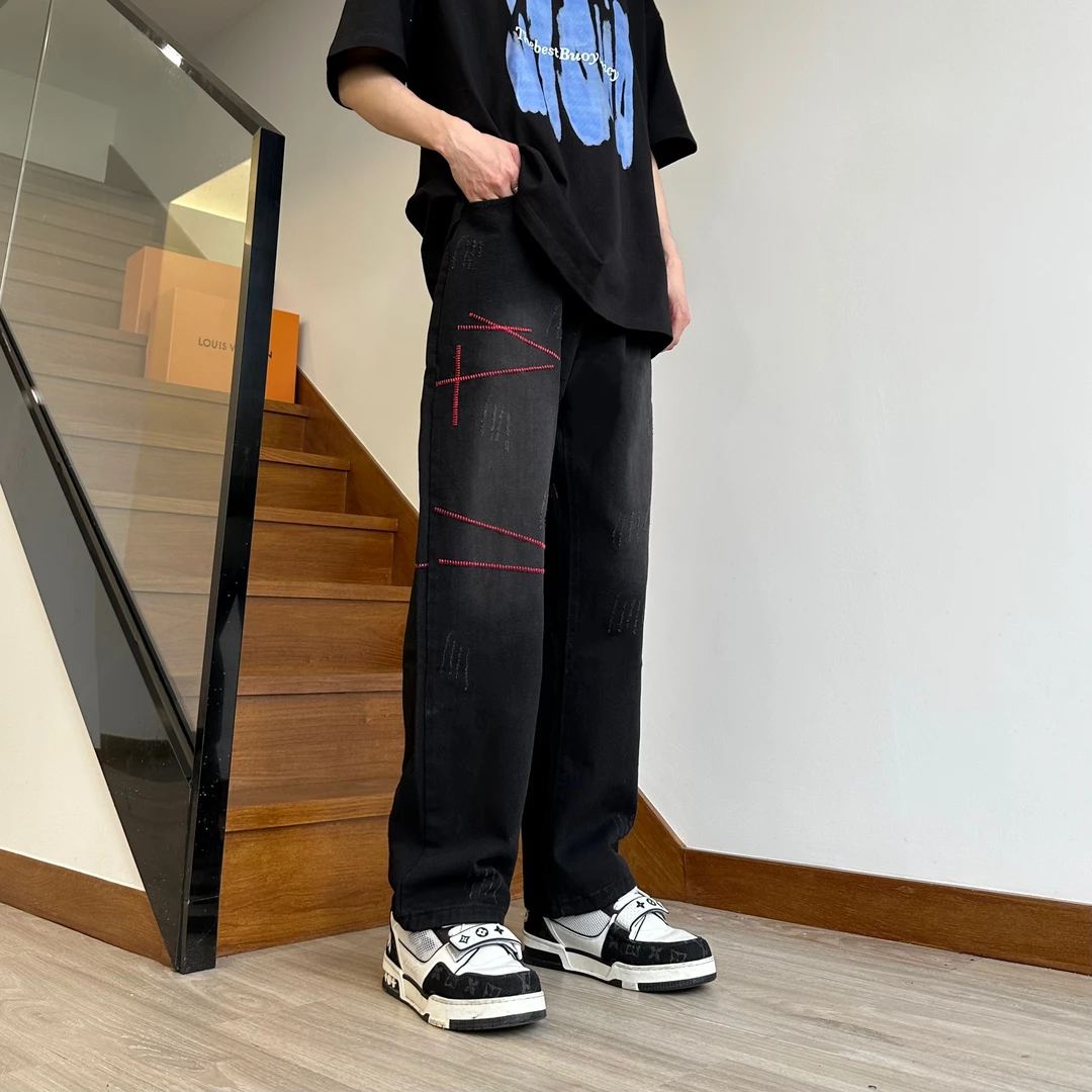 美式复古高街vibe刺绣牛仔裤男女潮牌做旧百搭宽松直筒长裤