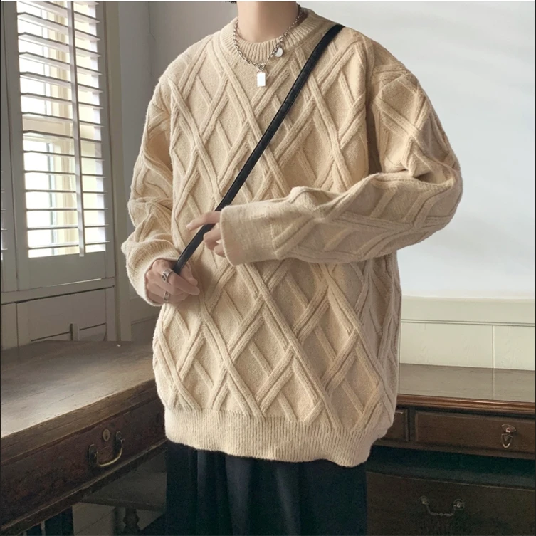 美式复古菱形格毛衣男款冬季日系宽松慵懒风针织衫圆领内搭打底衫