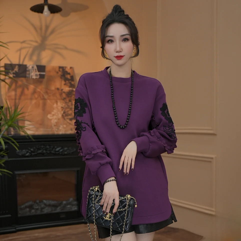 逸焰【雪姐仙音玉竹】-原创圆领双袖立体绣花加绒加厚卫衣-90639