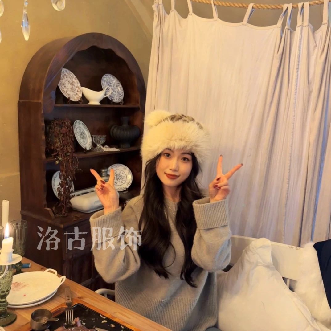 2024款网红款豹纹小熊耳朵可爱帽女冬季保暖百搭加厚