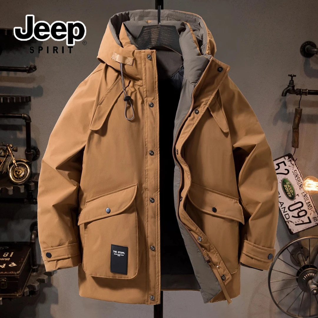 JEEPSPIRIT吉普男士秋冬季长款连帽羽绒服潮流百搭时尚工装风外套