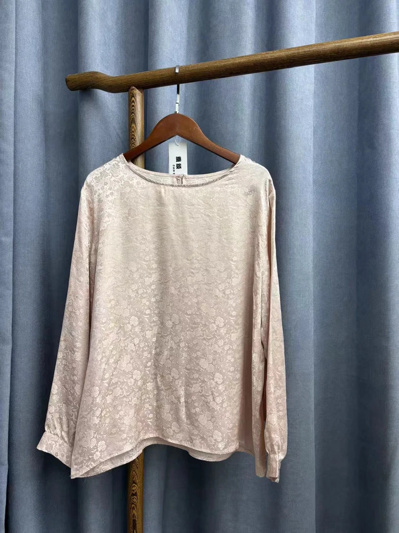 2024秋季新款宽松圆领桑蚕丝花萝提花长袖上衣女A224