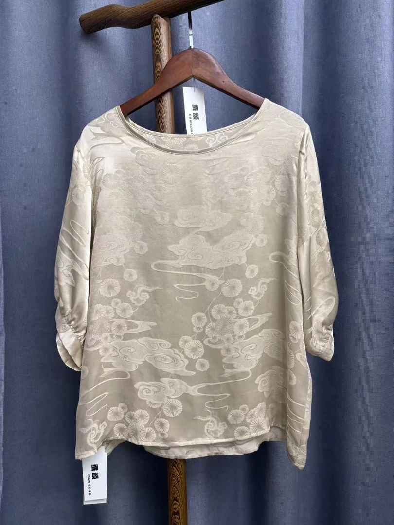 2025夏季新款中国风休闲宽松圆领桑蚕丝提花花萝上衣女A010