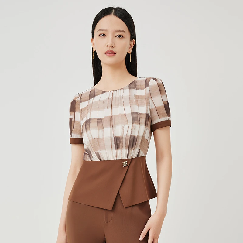 【福利】赢智尚焦糖咖格纹雪纺小衫款印花拼接收腰短款气质ZD00708